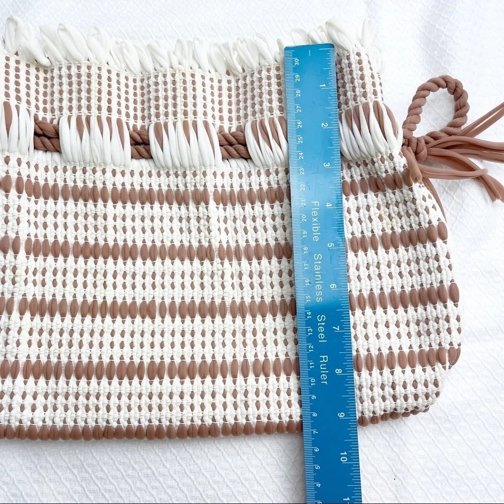 Handmade Stripe Crochet Pouch Cream Beige Tan Brown Pull‎ String Closure Sac Bag